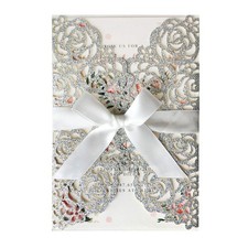 50PCS 5.12 x 7.28'' Silver Wedding Invitations Cards with Bowknot Laser Cut H...