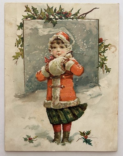 Victorian Trade Card Girl in Red Coat Snow Scene Christmas Lion Coffee Woolson