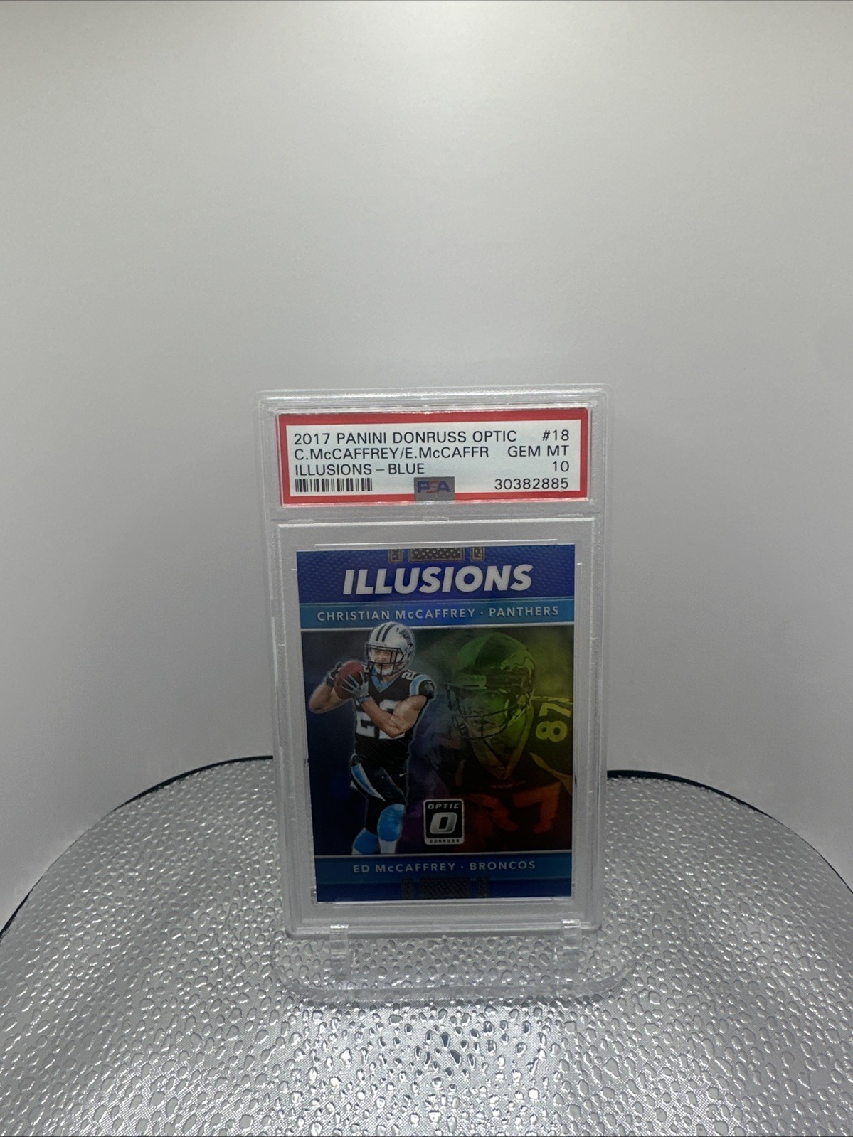 2017 Donruss Optic - Illusions Christian McCaffrey, Ed McCaffrey #18 Blue /149 