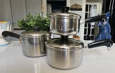 Revere Ware 1 Qt & 3 Qt Set of TRI-PLY Disc Bottom Saucepans w/ Lids USA 