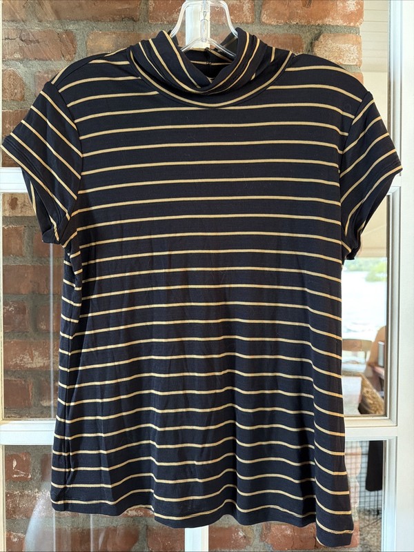 Cabi #4202 Slinky Top Women S Black Camel Stripe Turtleneck Short Sleeve