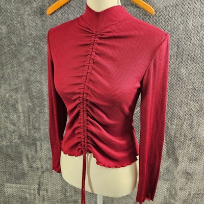 Ruched Mock Neck Long Sleeve Ribbed Crop Top Red Sugar Moon Size M
