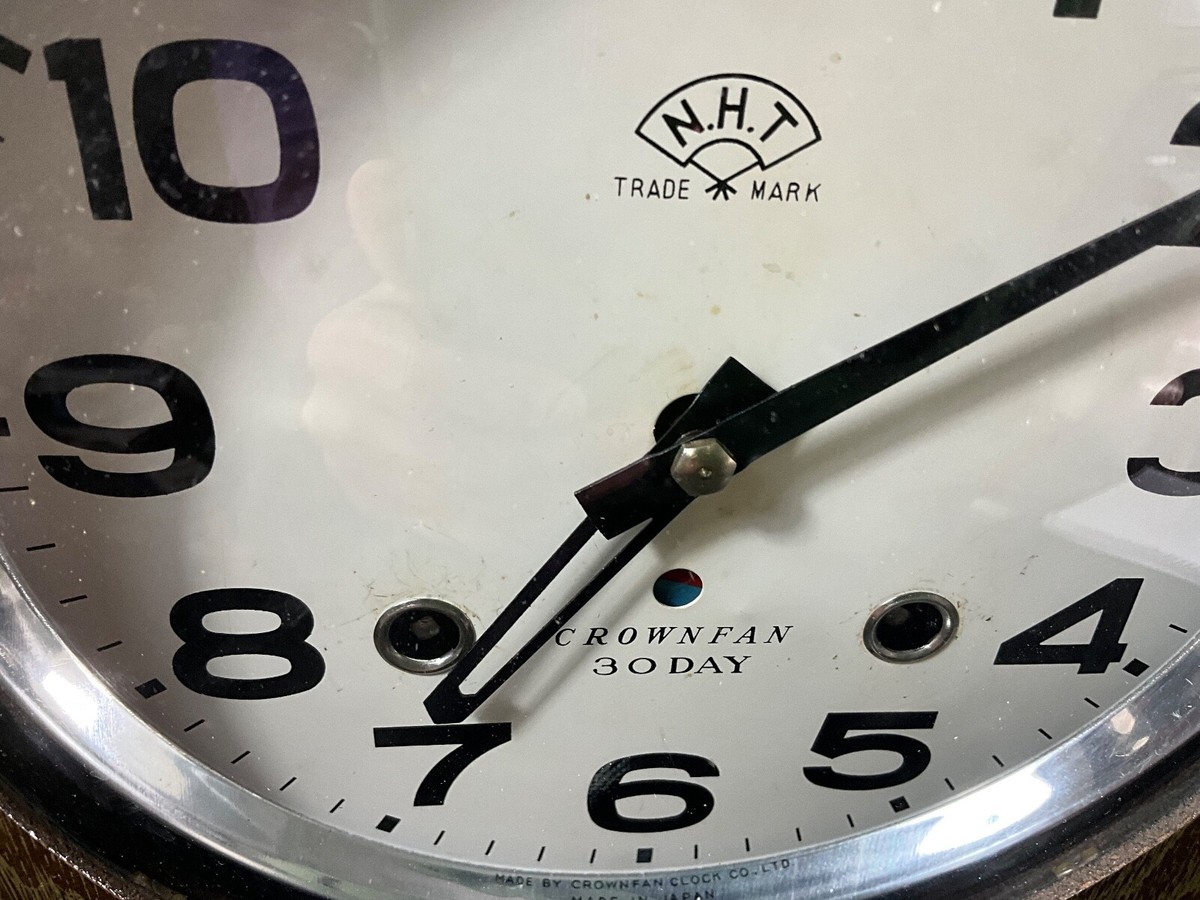 RARE VINTAGE NHT CROWNFAN 30 DAY WIND UP WALL CLOCK W/KEY. JAPAN