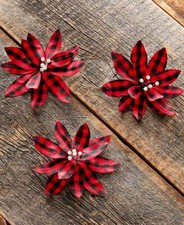 Set of 3 Red  Black Buffalo Plaid Poinsettia Christmas Tree Clip-On Ornaments