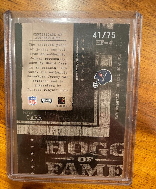 2004 PLAYOFF HOG HEAVEN GAME USED JERSEY CARD-SILVER-DAVID CARR-HOG OF FAME41/75 view 2