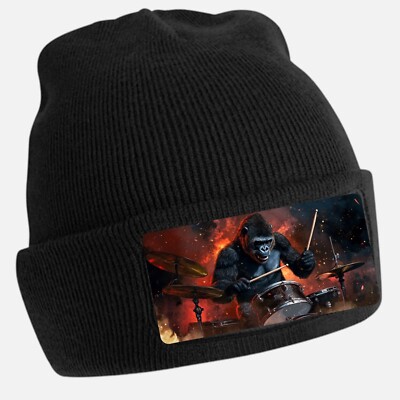Black Cool Gorilla Print Beanie Hat - Unisex Cap, Cotton