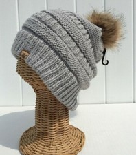 New Light Gray Knitted with FAUX FUR POM Winter BEANIE HAT Warm Soft Unisex  G