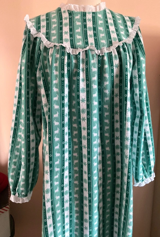 CAMISÓN DE FRANELA DE FRIJOL LL DE COLECCIÓN OJAL VERDE Y BLANCO CON ALCE, COPOS DE NIEVE SIN TALLA ~ EXCELENTE Foto 3 de 4