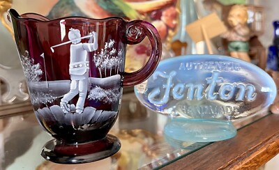 FENTON PLUM GOLF SCENE SMALL PITCHER  S. STEPHENS SIGNED, TAG,
