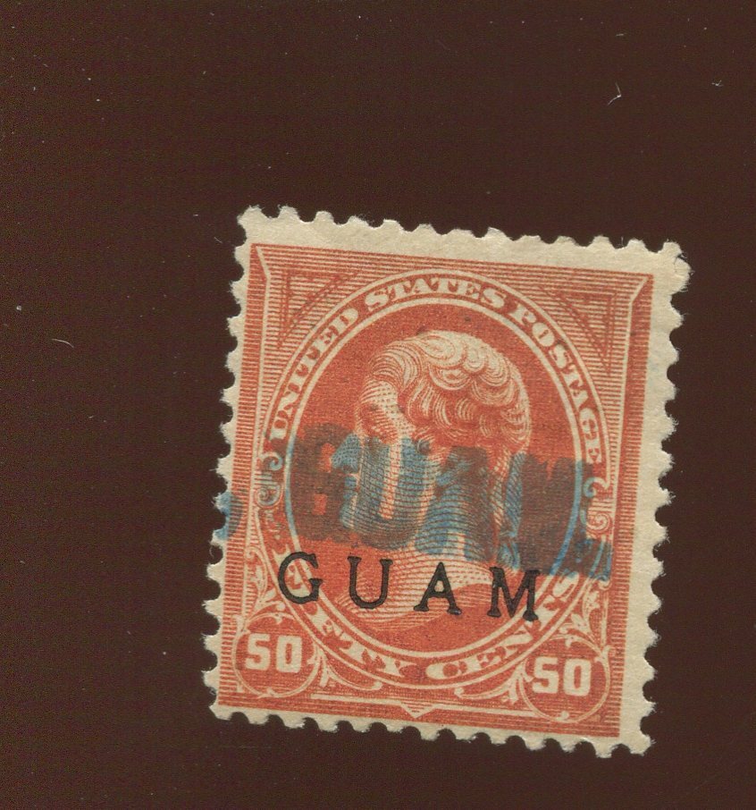 GUAM 11 Overprint Used Stamp with Blue Straight Line Cancel (Bx