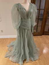 Mint Sparkly Tulle Evening Gown With Puff Sleeves And Crystal Embellishments