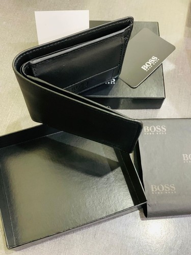 New Hugo Boss Men's Asolo Black Leather Bifold Wallet Card & Coin Gift Box Set - Picture 3 of 7