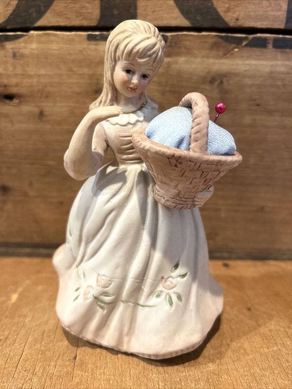 Vintage Porcelain Sewing Girl Figurine with Pin Cushion Basket