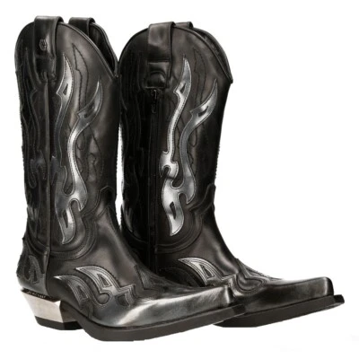 NEW ROCK NEU ROCK M-7921-S3 SILBER FLAMMENSTIEFEL schwarzes Leder schwerer Biker Western Cowboy