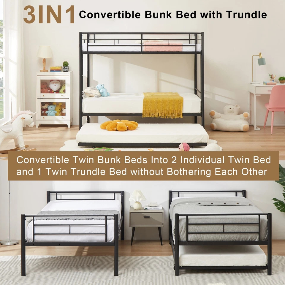 Marco de litera doble con cama nido de metal, escalera y barandilla de longitud completa nuevo Foto 3 de 4