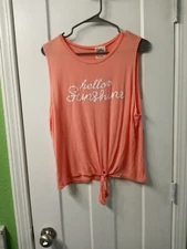 DIRTEE LAUNDRY Womens XL Peach Tie Tank HELLO SUNSHINE, CREATE YOUR OWN SUNSHINE