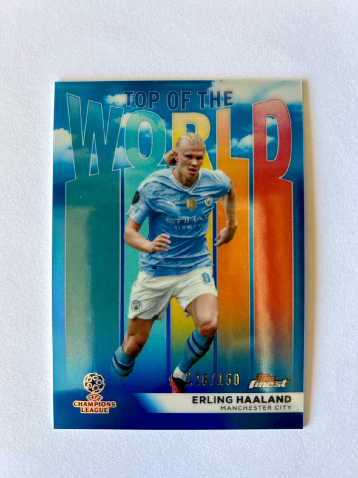 2023-24 Topps Finest Erling Haaland Top of the World Blue Refractor SSP #126/150