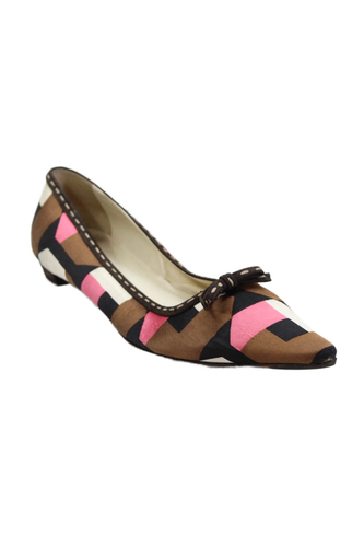 Prada Womens Pointed Toe Geometric Satin Ballet Flats Pink Brown White Size 38