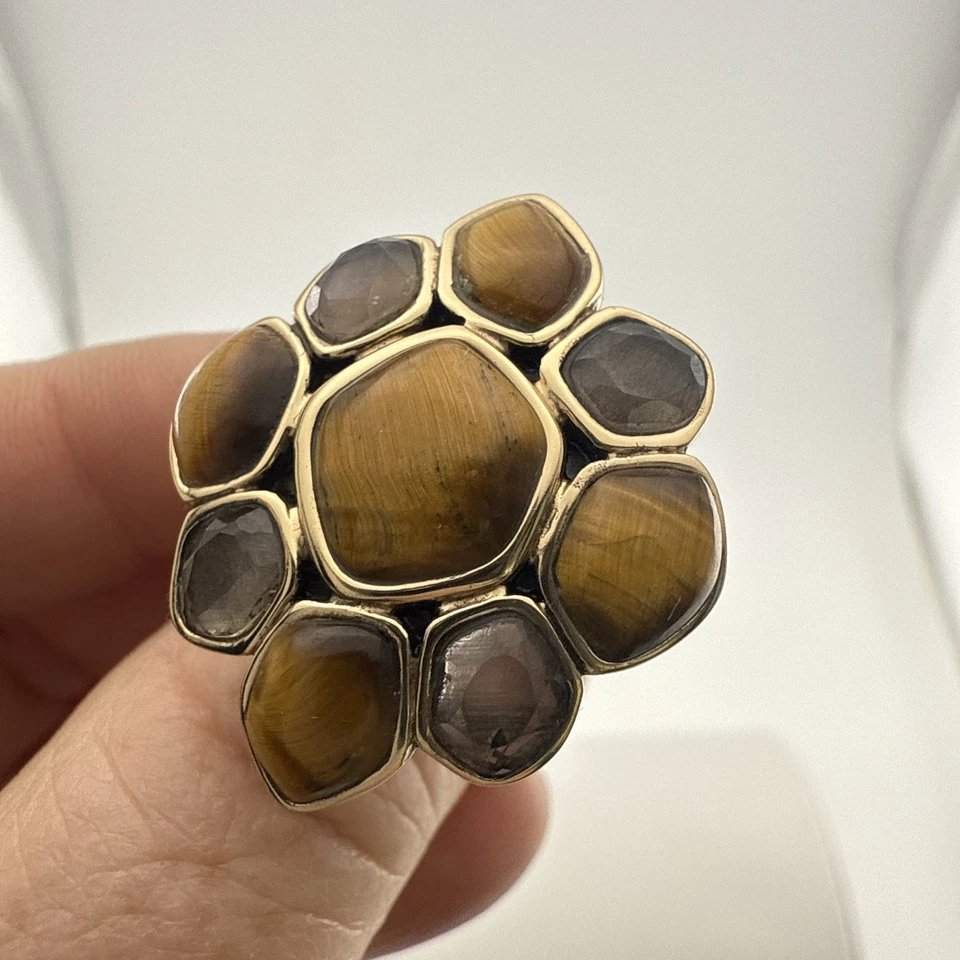 Anillo Barse Ojo de Tigre Cabujón Cuarzo Bronce HSN Gema Talla 9 Tono Dorado Estudio Foto 3 de 4
