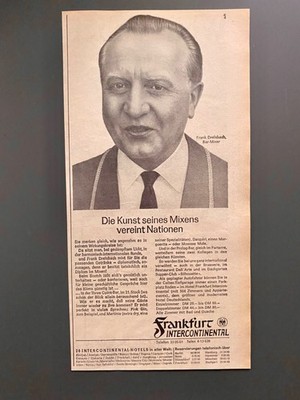 Hotel Intercontinental Frankfurt Bar-Mixer Baarkeeper 1964 Vintage Ad Werbung