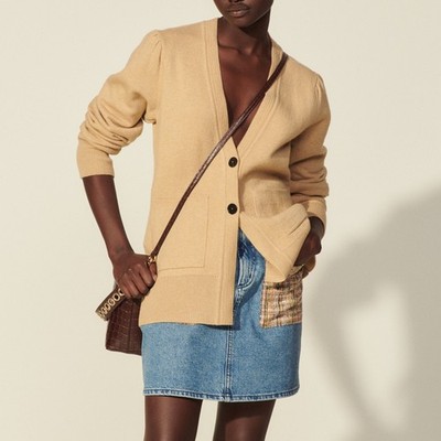 Sandro Paris Damen Beige V-Ausschnitt Kaschmirmischung Cardigan Gr 2 M 10 SFPCA00347