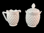 Vintage Fenton Hobnail White Milk Glass Creamer & Sugar with Lid - 3 Piece Set