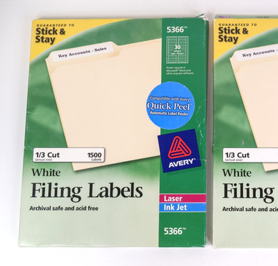 Avery 5366 White File Folder Labels 1/3 Cut TrueBlock Laser Ink Jet 1920 Labels