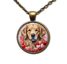 Sweet Valentine Golden Retriever Lovers - Handmade ROUND Glass Pendant Necklace