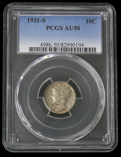 1931-S AU-50 MERCURY DIME - NICE COIN - PCGS GRADED - SEE PICTURES