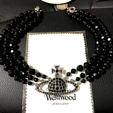 Vivienne Westwood triple row Black Silver Tone Orb Choker C03647