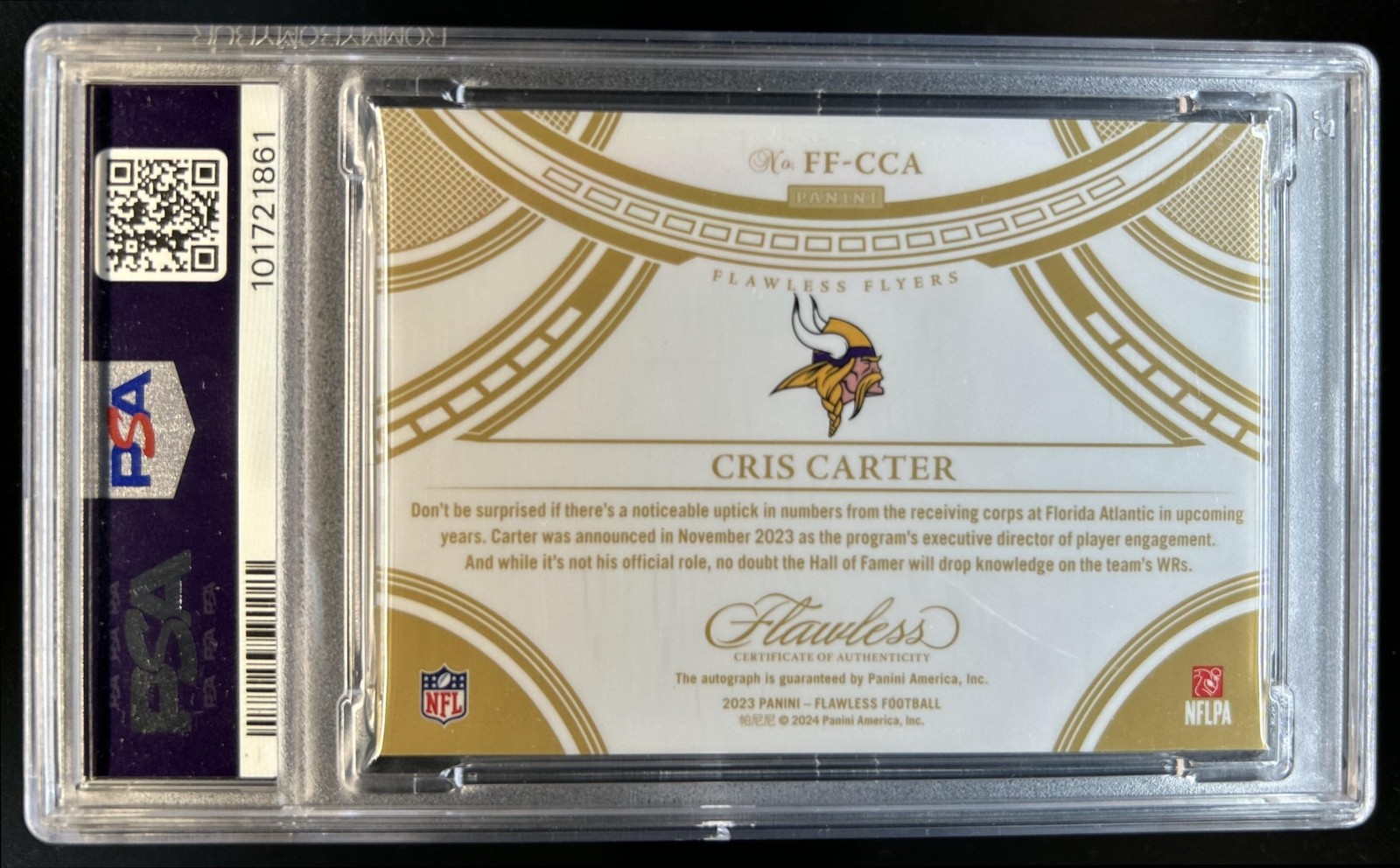 2023 Panini Flawless Cris Carter Flyers Sapphire Auto #/10 Vikings PSA 8 view 2