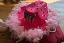 Pink/White USA Cowboy Hat 23inSize Feather Trim Rhinestones American Flag Patch