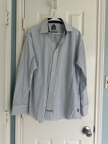 English Laundry Men's Shirt 17 34/35. Long Contrast Collar Cuff Striped Blue - Picture 1 of 9