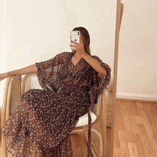 Minkpink Amaya Floral Midi Dress Size M Sheer Top Tie Up Elastic Waist Romantic