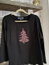 Karen Scott Womens 2X Deep Black Christmas Raised Tree Sparkle 3/4 Sleeve Top