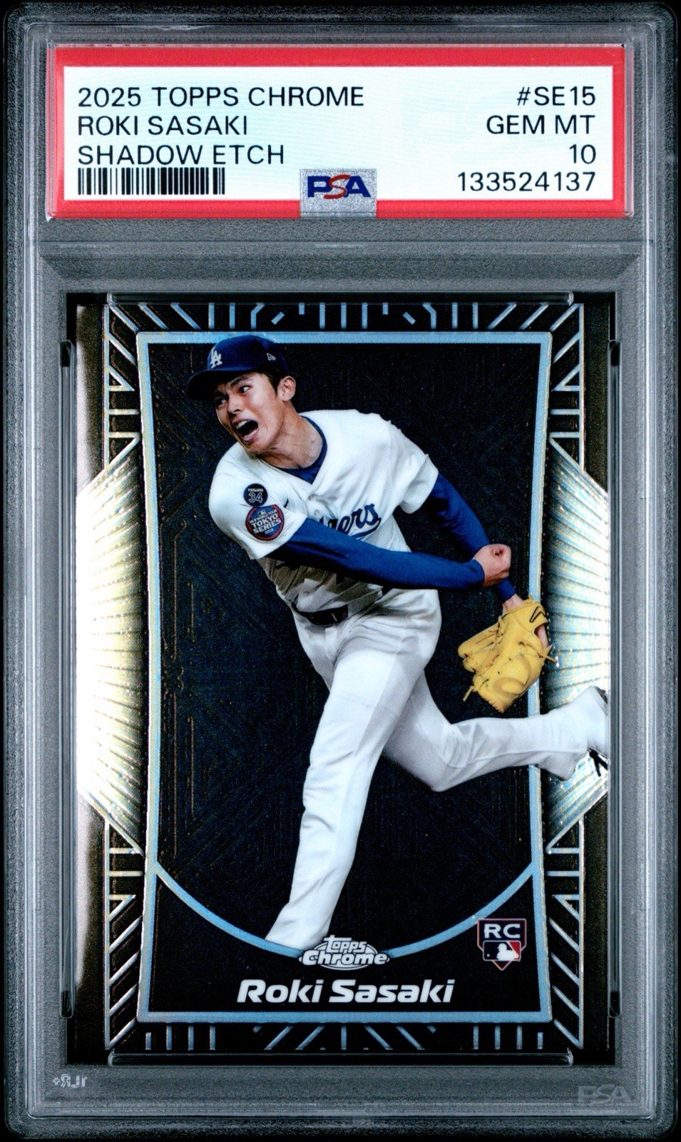 2025 Topps Chrome Roki Sasaki #SE15 Shadow Etch Case Hit SP PSA 10 LA Dodgers