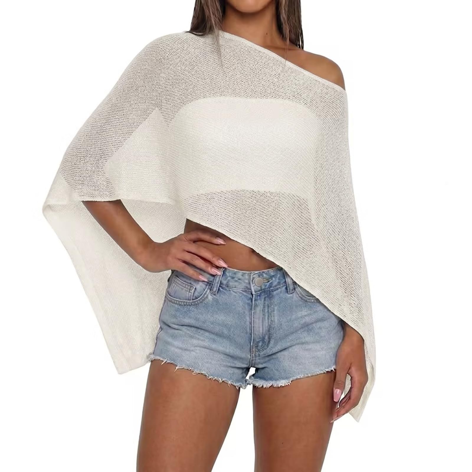 Women Sheer Knit Poncho Top Beach Cover Up Lightweight Crochet Shrug Y2k Summ...