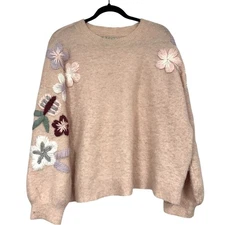 Boundless North Pink Fuzzy Floral Embroidered Crew Neck Sweater Womens L Grandma