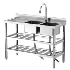 Commercial Double Bowl Stainless Steel Utility Sink Faucet Drainboard Shelves