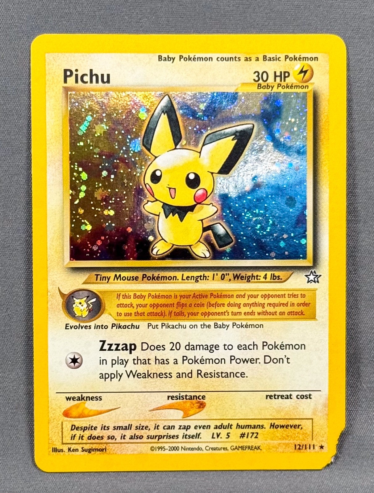 DMG Unlimited Holo Pichu 12/111 Neo Genesis Pokemon 2000 Ken Sugimori Swirl