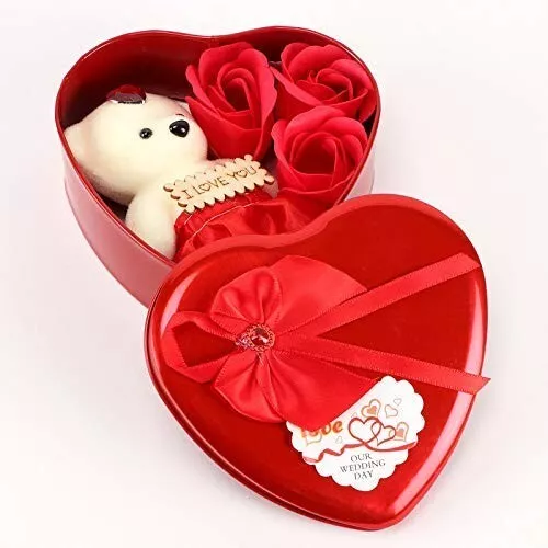 Artificial Red Rose & Teddy Bear in Heart Shape Metal Gift Box