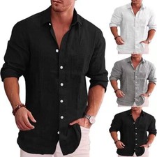 Mens Long Sleeve Solid Shirts Button Down Casual Formal Dress Tops Beach T Shirt