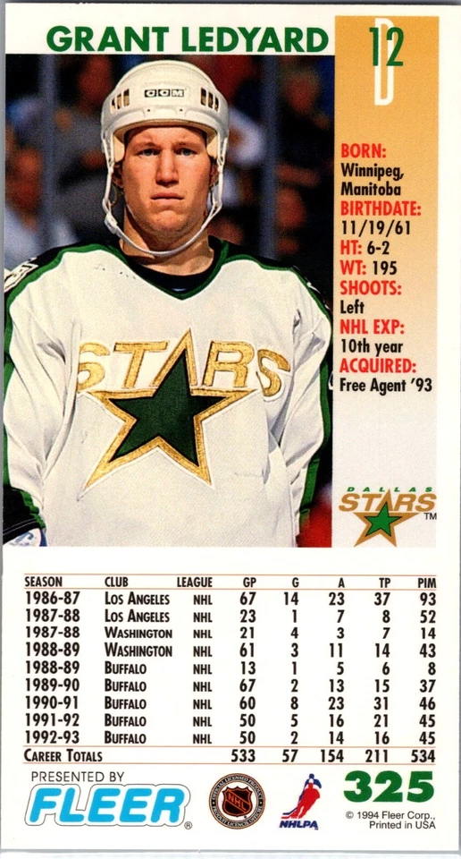 1993-94 Fleer Power Play Tall Boy - #325 Grant Ledyard - Image 2 of 2