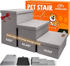 Dog Stairs w/ Storage 17.5" H,3-Step Wider Dog Steps for Dogs/Cats-Folding Stair