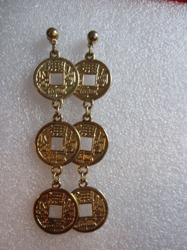 Long Gold Toned Round Disk Pierced Dangle Earrings - Picture 5 of 6