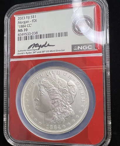 "1884-CC" Morgan Dollar 2023 Fiji 1 oz Silver NGC MS70, Ryder Label