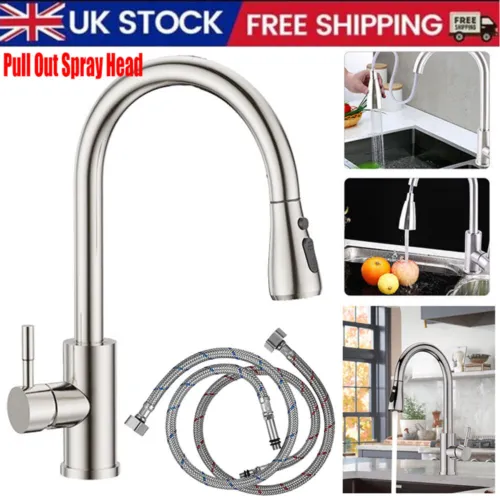 Kitchen Sink Mixer Taps Pull Out Single Lever Chrome Brass Spray Mono Faucet360° - Picture 1 of 19
