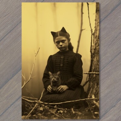 Art Print Weird Creepy Vintage Vibe Cat Girl Ears Unreal Halloween Unusual  