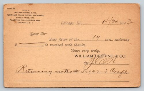 1891 UX10 Postal Card 1c William Deering & Co CHICAGO IL To CORNING Bank IA - Picture 4 of 4