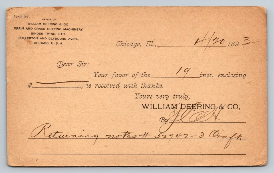 1891 UX10 Postal Card 1c William Deering & Co CHICAGO IL To CORNING Bank IA - Image 4 of 4